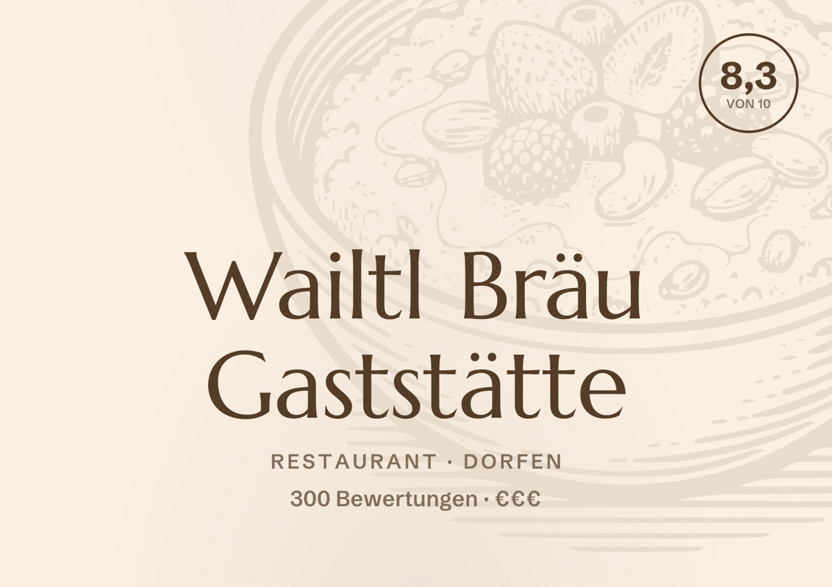 Illustriertes Poster von Wailtl Bräu Gaststätte, Restaurant in Dorfen: Bewertung 8,3 von 10 aus 300 Bewertungen, Preisniveau €€€