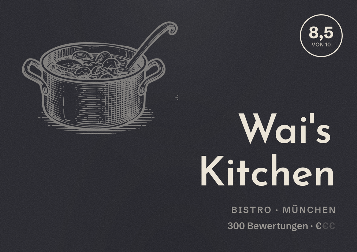 Illustriertes Poster von Wai's Kitchen, Bistro in München: Bewertung 8,5 von 10 aus 300 Bewertungen, Preisniveau €