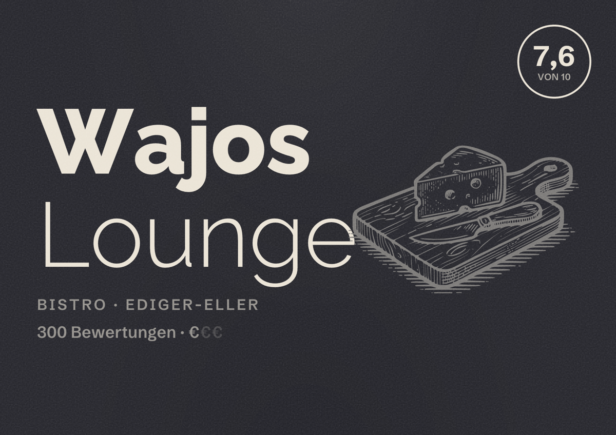 Illustriertes Poster von Wajos Lounge, Bistro in Ediger-Eller: Bewertung 7,6 von 10 aus 300 Bewertungen, Preisniveau €