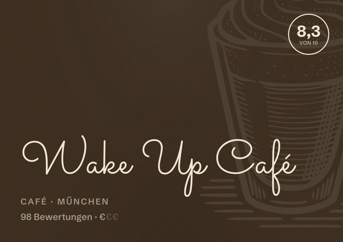 Illustriertes Poster von Wake Up Café, Café in München: Bewertung 8,3 von 10 aus 98 Bewertungen, Preisniveau €