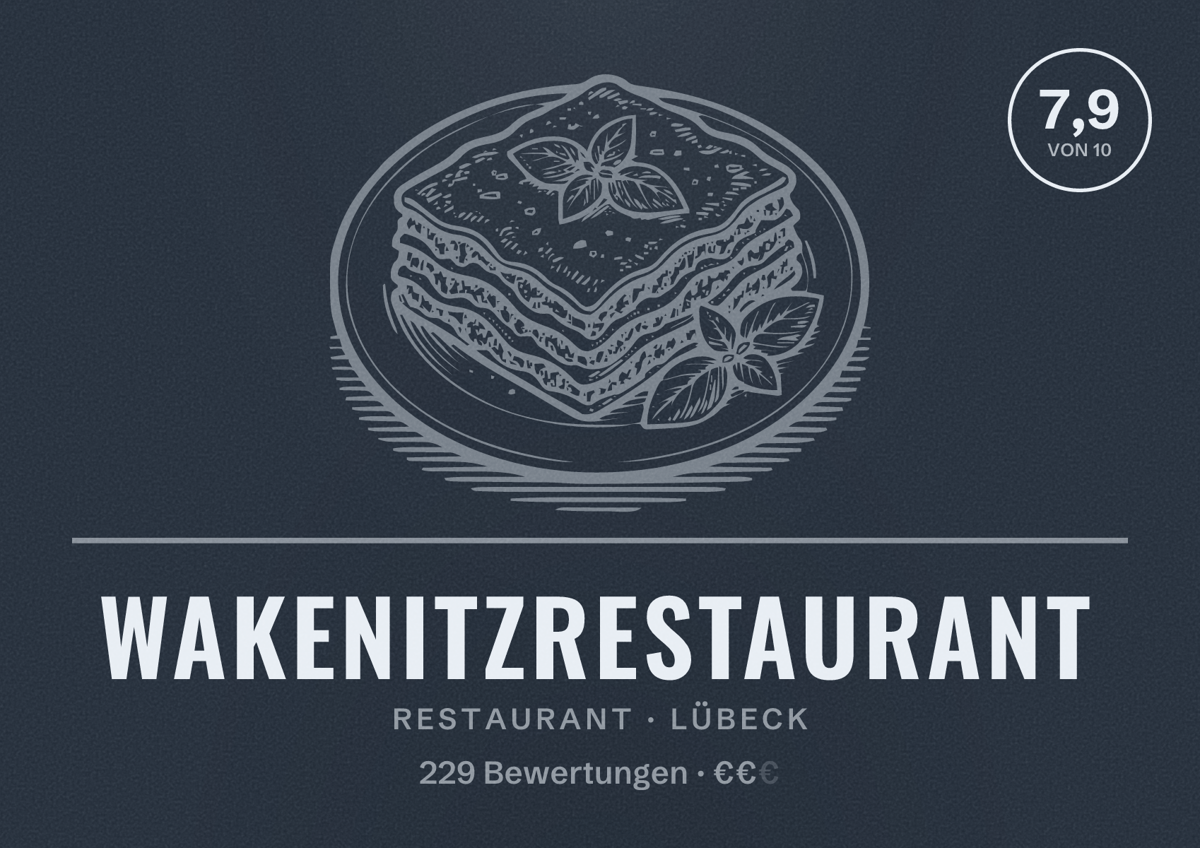 Illustriertes Poster von Wakenitzrestaurant, Restaurant in Lübeck: Bewertung 7,9 von 10 aus 229 Bewertungen, Preisniveau €€