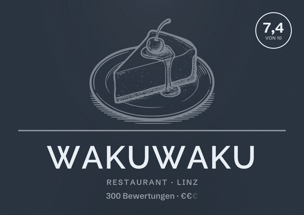 Illustriertes Poster von WakuWaku, Restaurant in Linz: Bewertung 7,4 von 10 aus 300 Bewertungen, Preisniveau €€
