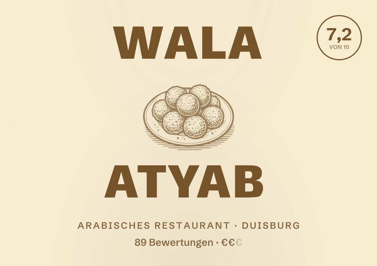 Illustriertes Poster von Wala Atyab, Arabisches Restaurant in Duisburg: Bewertung 7,2 von 10 aus 89 Bewertungen, Preisniveau €€