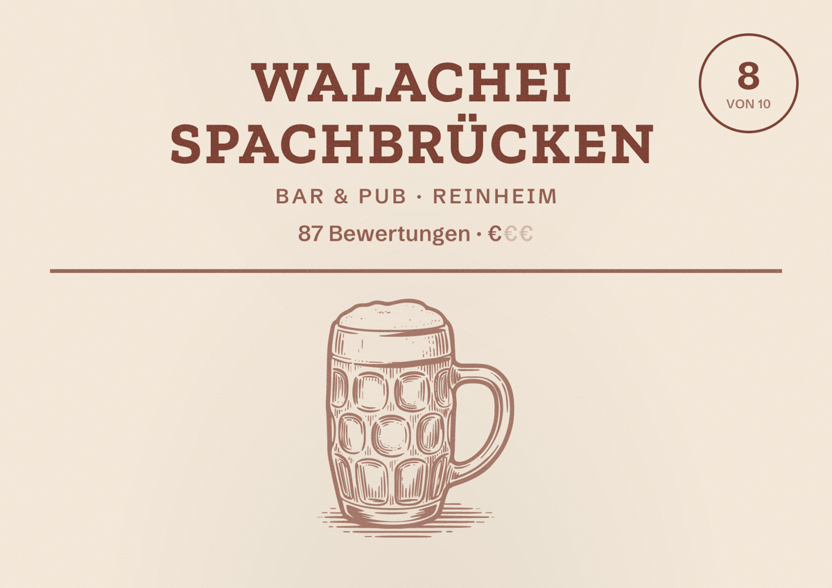 Illustriertes Poster von Walachei Spachbrücken, Bar & Pub in Reinheim: Bewertung 8 von 10 aus 87 Bewertungen, Preisniveau €