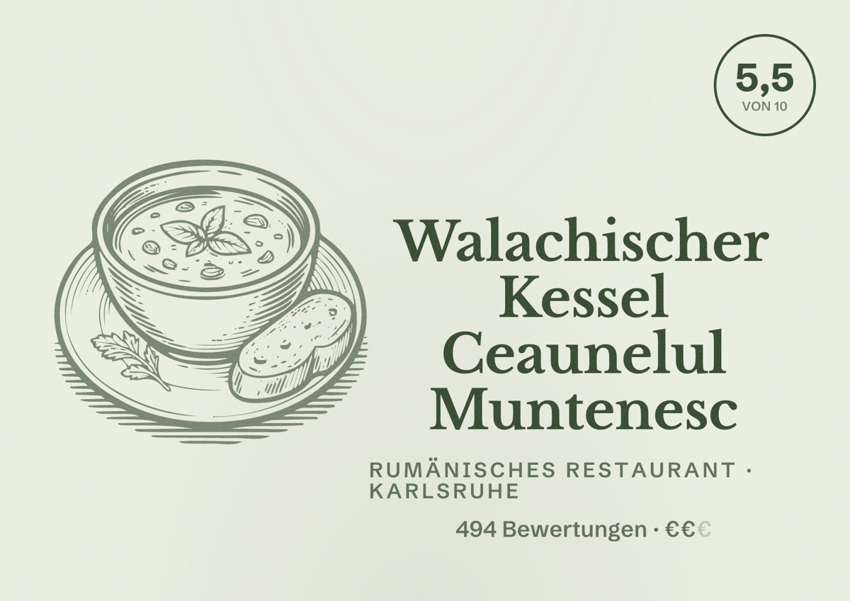Illustriertes Poster von Walachischer Kessel Ceaunelul Muntenesc, Rumänisches Restaurant in Karlsruhe: Bewertung 5,5 von 10 aus 494 Bewertungen, Preisniveau €€