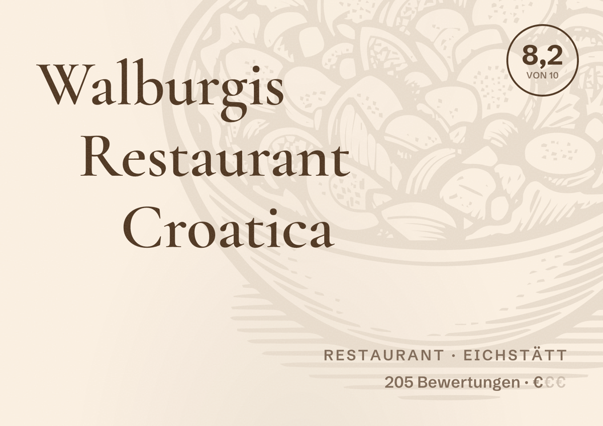 Illustriertes Poster von Walburgis Restaurant Croatica, Restaurant in Eichstätt: Bewertung 8,2 von 10 aus 205 Bewertungen, Preisniveau €