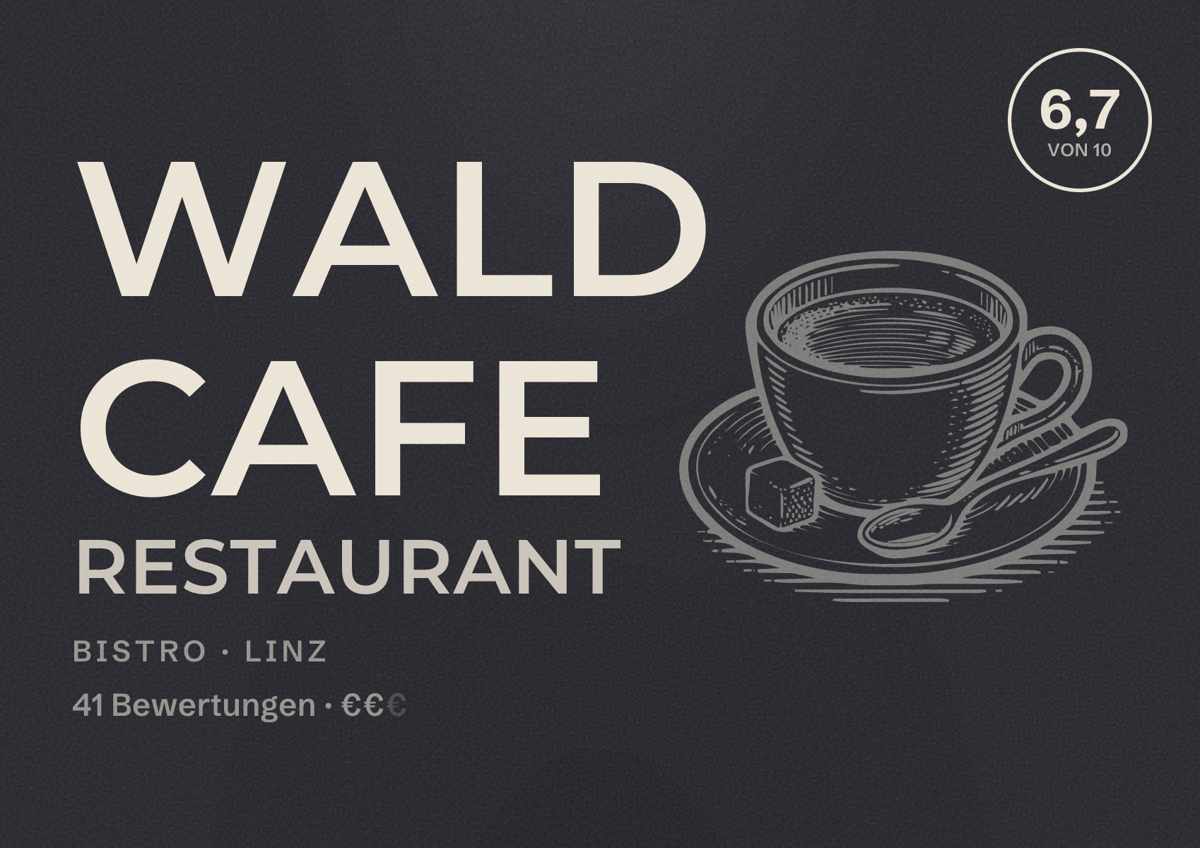 Illustriertes Poster von Wald Cafe Restaurant, Bistro in Linz: Bewertung 6,7 von 10 aus 41 Bewertungen, Preisniveau €€