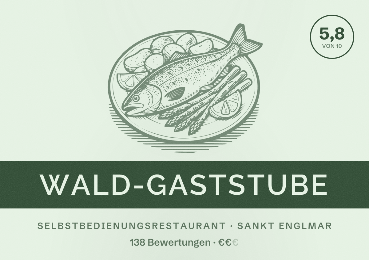 Illustriertes Poster von Wald-Gaststube, Selbstbedienungsrestaurant in Sankt Englmar: Bewertung 5,8 von 10 aus 138 Bewertungen, Preisniveau €€