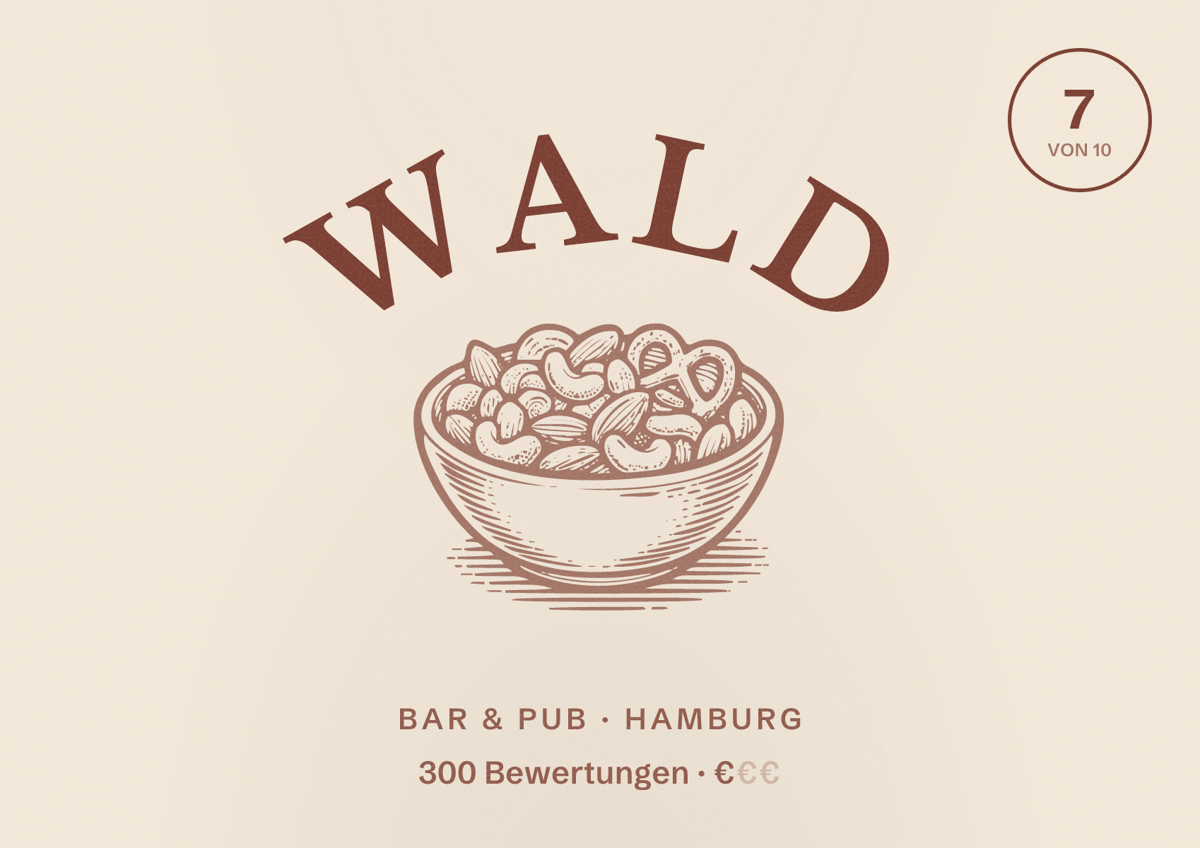 Illustriertes Poster von Wald, Bar & Pub in Hamburg: Bewertung 7 von 10 aus 300 Bewertungen, Preisniveau €