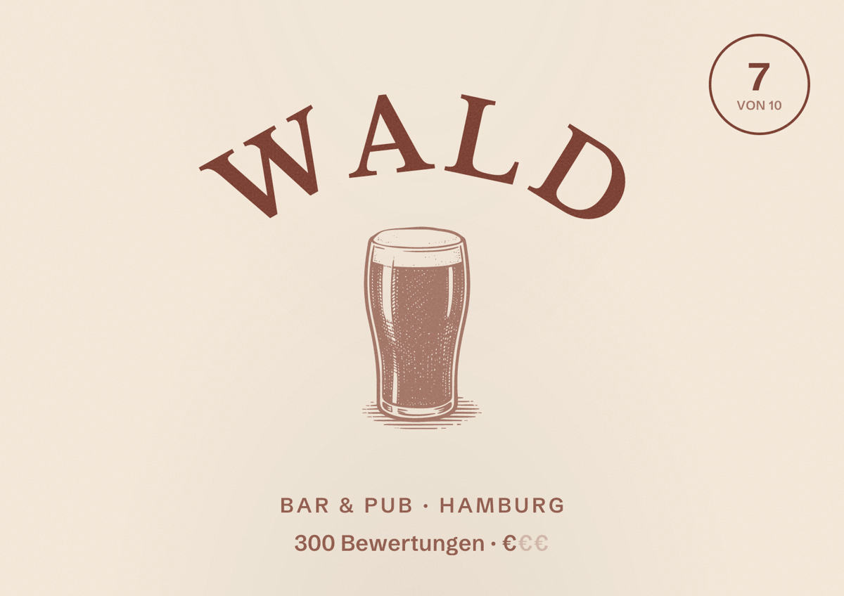 Illustriertes Poster von Wald, Bar & Pub in Hamburg: Bewertung 7,0 von 10 aus 300 Bewertungen, Preisniveau €