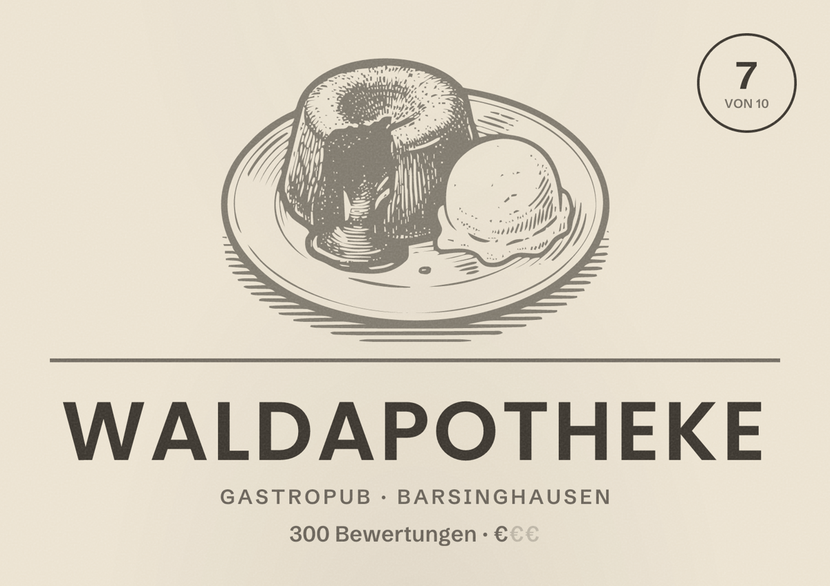 Illustriertes Poster von Waldapotheke, Gastropub in Barsinghausen: Bewertung 7 von 10 aus 300 Bewertungen, Preisniveau €