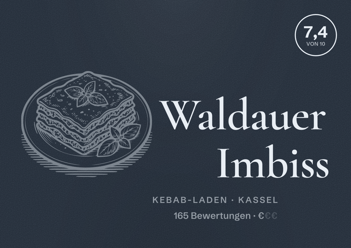 Illustriertes Poster von Waldauer Imbiss, Kebab-Laden in Kassel: Bewertung 7,4 von 10 aus 165 Bewertungen, Preisniveau €