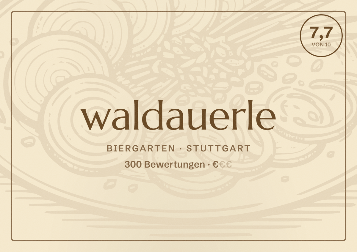 Illustriertes Poster von waldauerle, Biergarten in Stuttgart: Bewertung 7,7 von 10 aus 300 Bewertungen, Preisniveau €