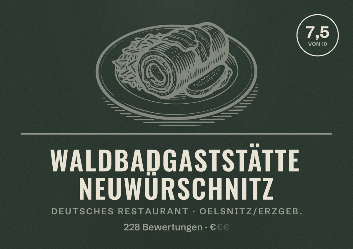 Illustriertes Poster von Waldbadgaststätte Neuwürschnitz, Deutsches Restaurant in Oelsnitz/Erzgeb.: Bewertung 7,5 von 10 aus 228 Bewertungen, Preisniveau €