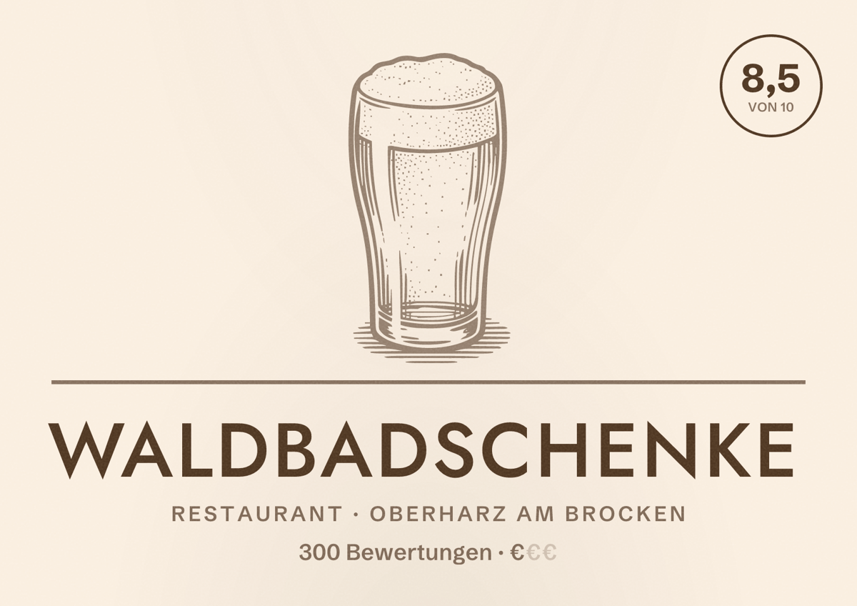 Illustriertes Poster von Waldbadschenke, Restaurant in Oberharz am Brocken: Bewertung 8,5 von 10 aus 300 Bewertungen, Preisniveau €