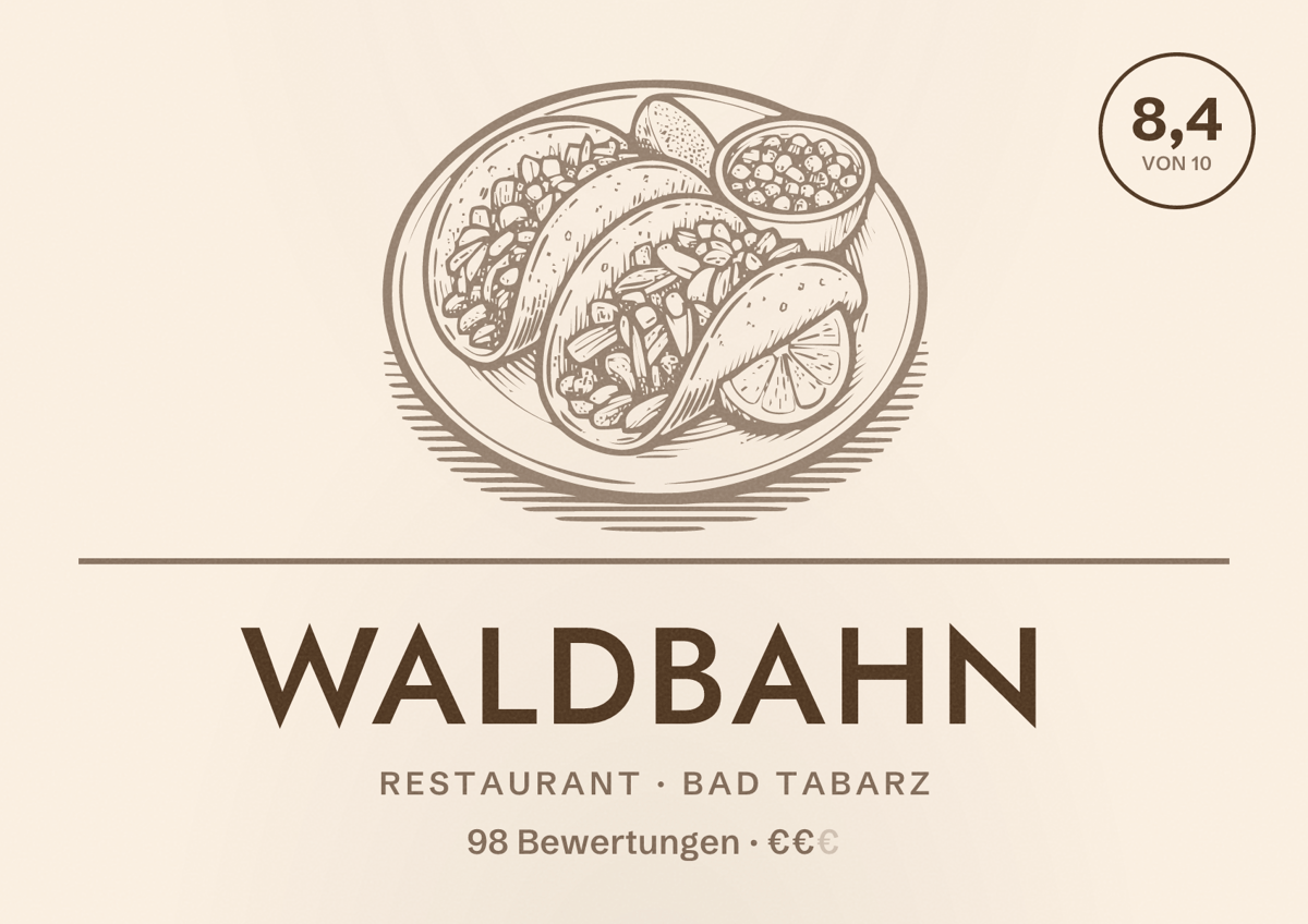 Illustriertes Poster von Waldbahn, Restaurant in Bad Tabarz: Bewertung 8,4 von 10 aus 98 Bewertungen, Preisniveau €€