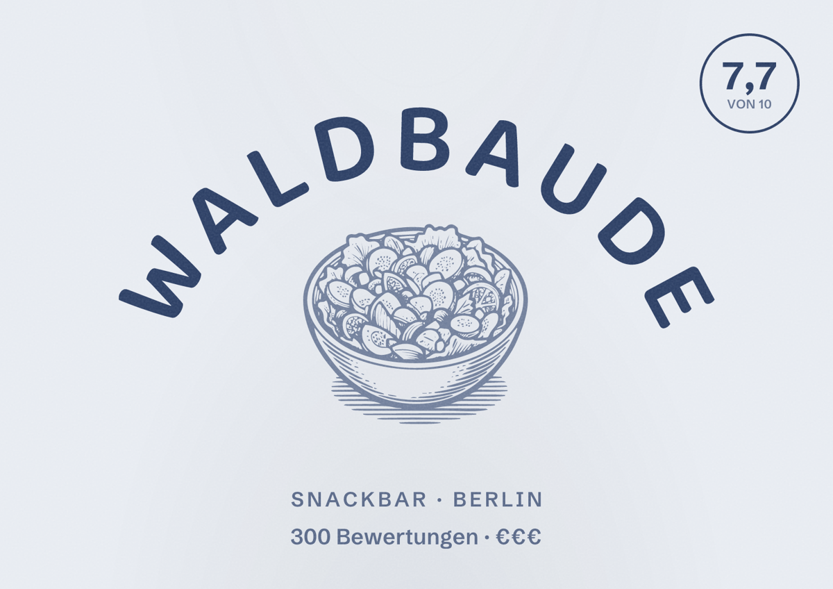 Illustriertes Poster von Waldbaude, Snackbar in Berlin: Bewertung 7,7 von 10 aus 300 Bewertungen, Preisniveau €€€