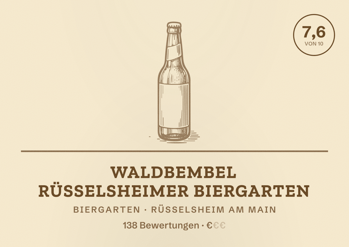 Illustriertes Poster von Waldbembel Rüsselsheimer Biergarten, Biergarten in Rüsselsheim am Main: Bewertung 7,6 von 10 aus 138 Bewertungen, Preisniveau €