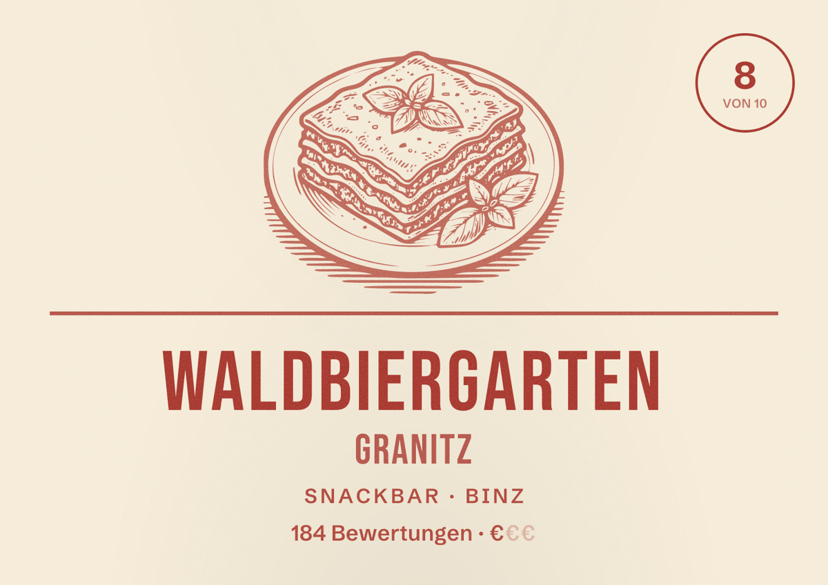 Illustriertes Poster von Waldbiergarten Granitz, Snackbar in Binz: Bewertung 8 von 10 aus 184 Bewertungen, Preisniveau €