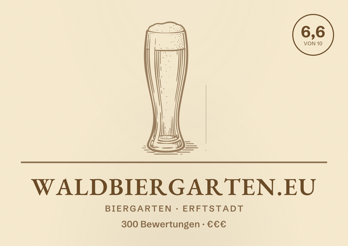 Illustriertes Poster von Waldbiergarten.eu, Biergarten in Erftstadt: Bewertung 6,6 von 10 aus 300 Bewertungen, Preisniveau €€€