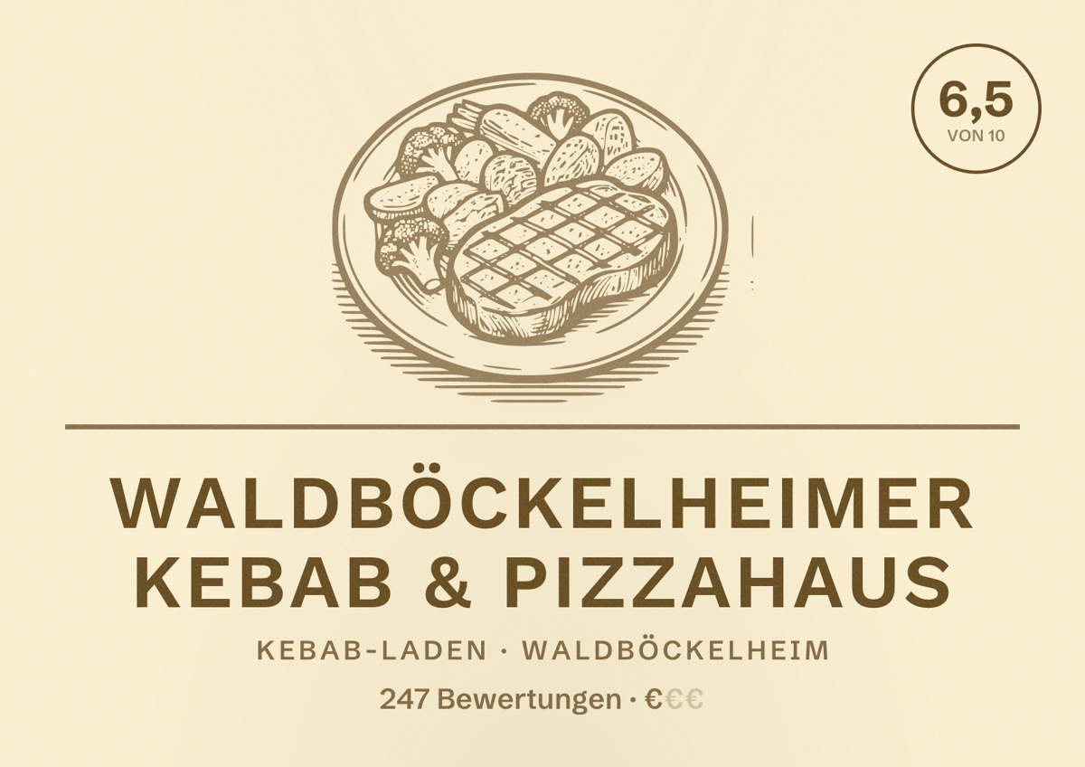 Illustriertes Poster von Waldböckelheimer Kebab & Pizzahaus, Kebab-Laden in Waldböckelheim: Bewertung 6,5 von 10 aus 247 Bewertungen, Preisniveau €