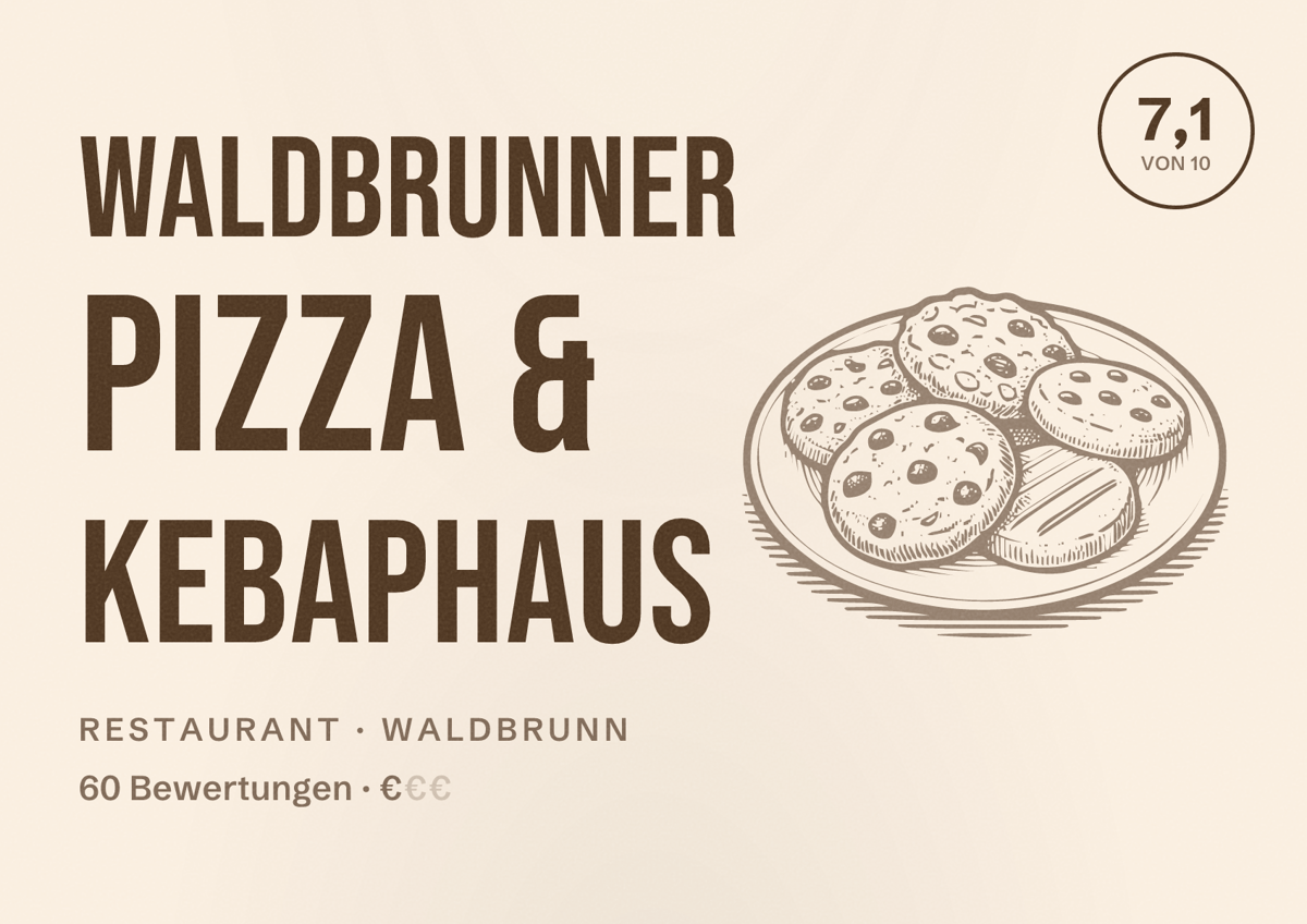 Illustriertes Poster von Waldbrunner Pizza & Kebaphaus, Restaurant in Waldbrunn: Bewertung 7,1 von 10 aus 60 Bewertungen, Preisniveau €