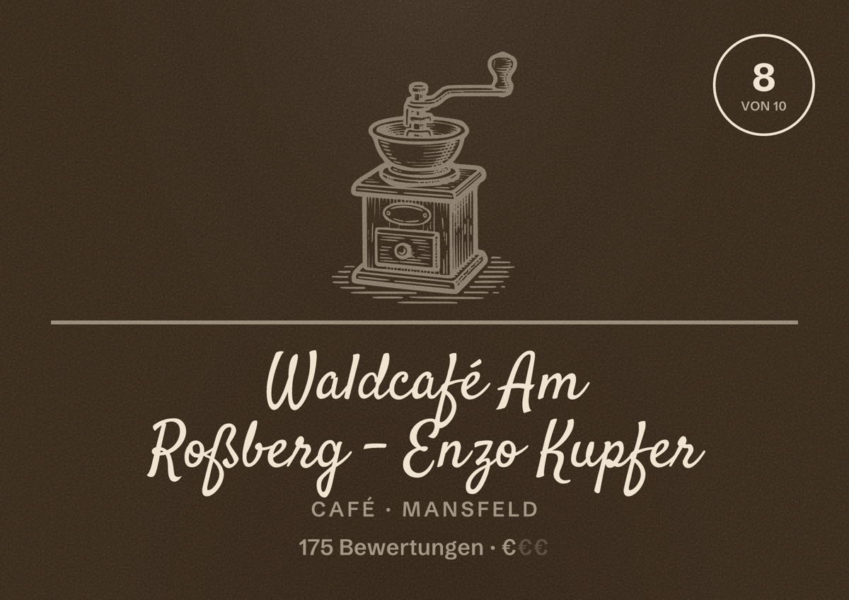 Illustriertes Poster von Waldcafé Am Roßberg - Enzo Kupfer, Café in Mansfeld: Bewertung 8 von 10 aus 175 Bewertungen, Preisniveau €