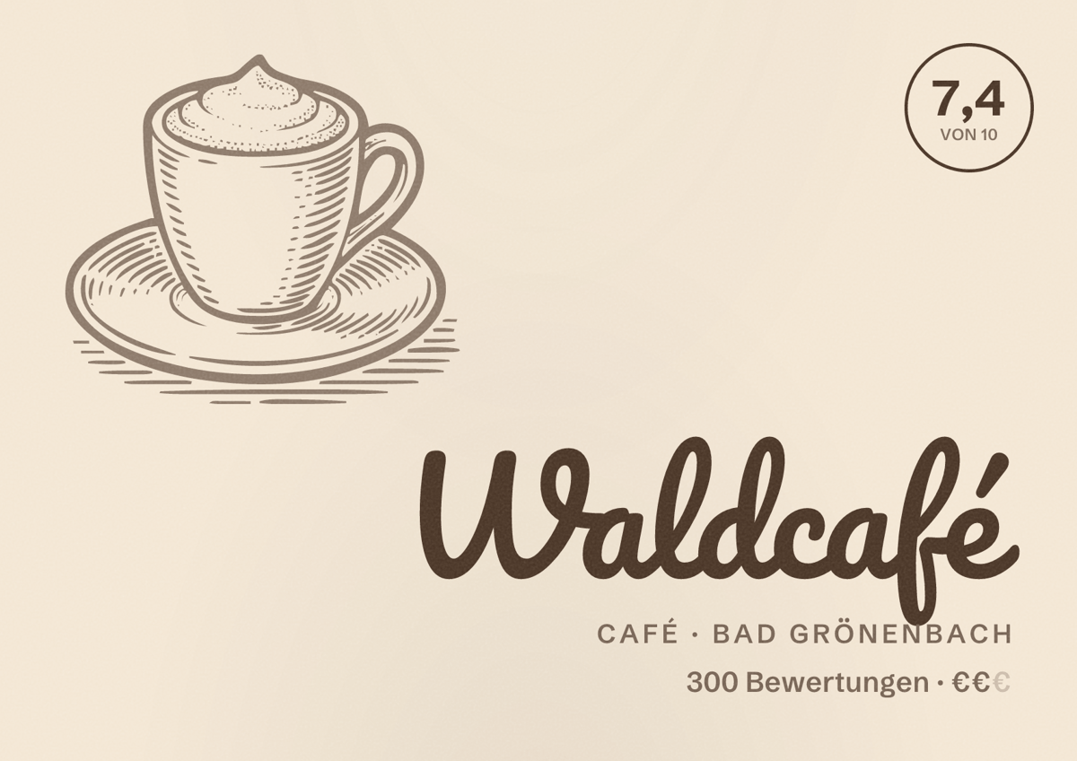Illustriertes Poster von Waldcafé, Café in Bad Grönenbach: Bewertung 7,4 von 10 aus 300 Bewertungen, Preisniveau €€