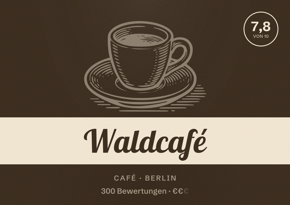 Illustriertes Poster von Waldcafé, Café in Berlin: Bewertung 7,8 von 10 aus 300 Bewertungen, Preisniveau €€