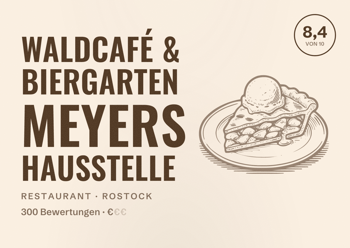 Illustriertes Poster von Waldcafé & Biergarten Meyers Hausstelle, Restaurant in Rostock: Bewertung 8,4 von 10 aus 300 Bewertungen, Preisniveau €