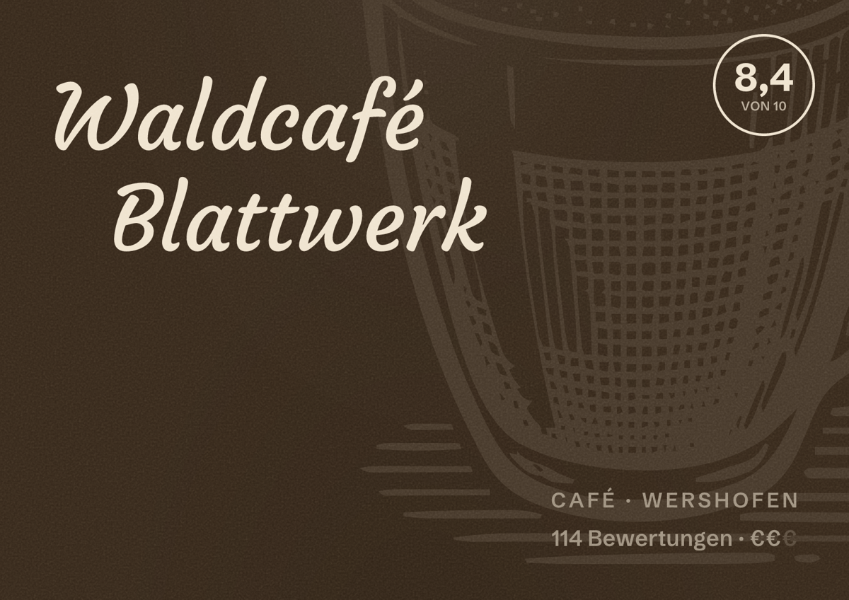 Illustriertes Poster von Waldcafé Blattwerk, Café in Wershofen: Bewertung 8,4 von 10 aus 114 Bewertungen, Preisniveau €€