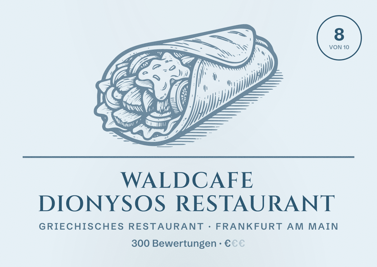 Illustriertes Poster von Waldcafe Dionysos Restaurant, Griechisches Restaurant in Frankfurt am Main: Bewertung 8,0 von 10 aus 300 Bewertungen, Preisniveau €