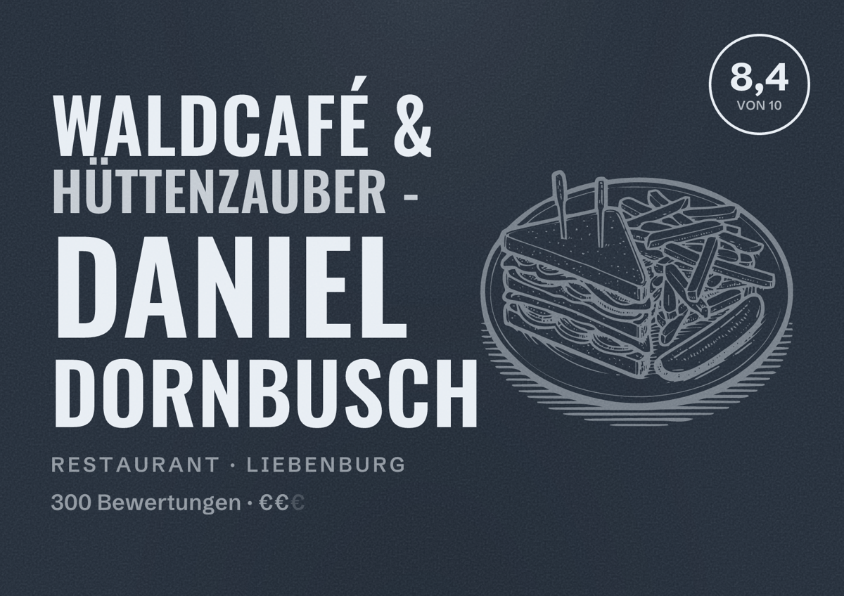 Illustriertes Poster von Waldcafé & Hüttenzauber - Daniel Dornbusch, Restaurant in Liebenburg: Bewertung 8,4 von 10 aus 300 Bewertungen, Preisniveau €€