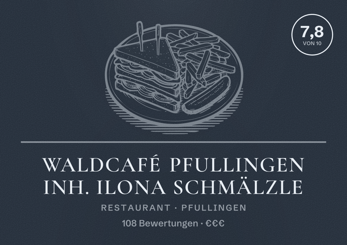 Illustriertes Poster von Waldcafé Pfullingen Inh. Ilona Schmälzle, Restaurant in Pfullingen: Bewertung 7,8 von 10 aus 108 Bewertungen, Preisniveau €€€