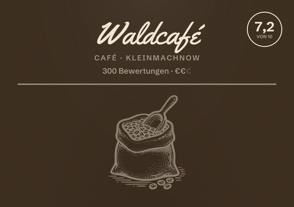 Illustriertes Poster von Waldcafé, Café in Kleinmachnow: Bewertung 7,2 von 10 aus 300 Bewertungen, Preisniveau €€