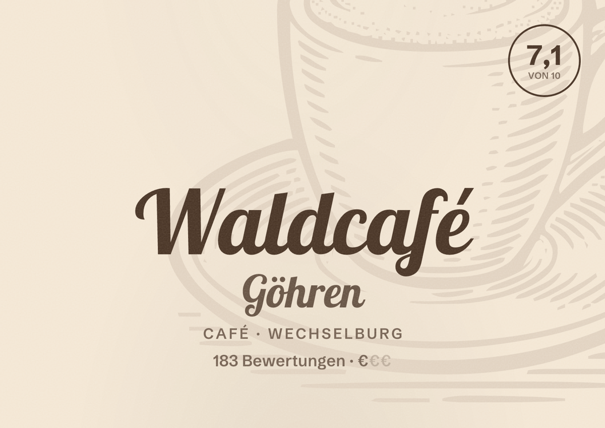 Illustriertes Poster von Waldcafé Göhren, Café in Wechselburg: Bewertung 7,1 von 10 aus 183 Bewertungen, Preisniveau €