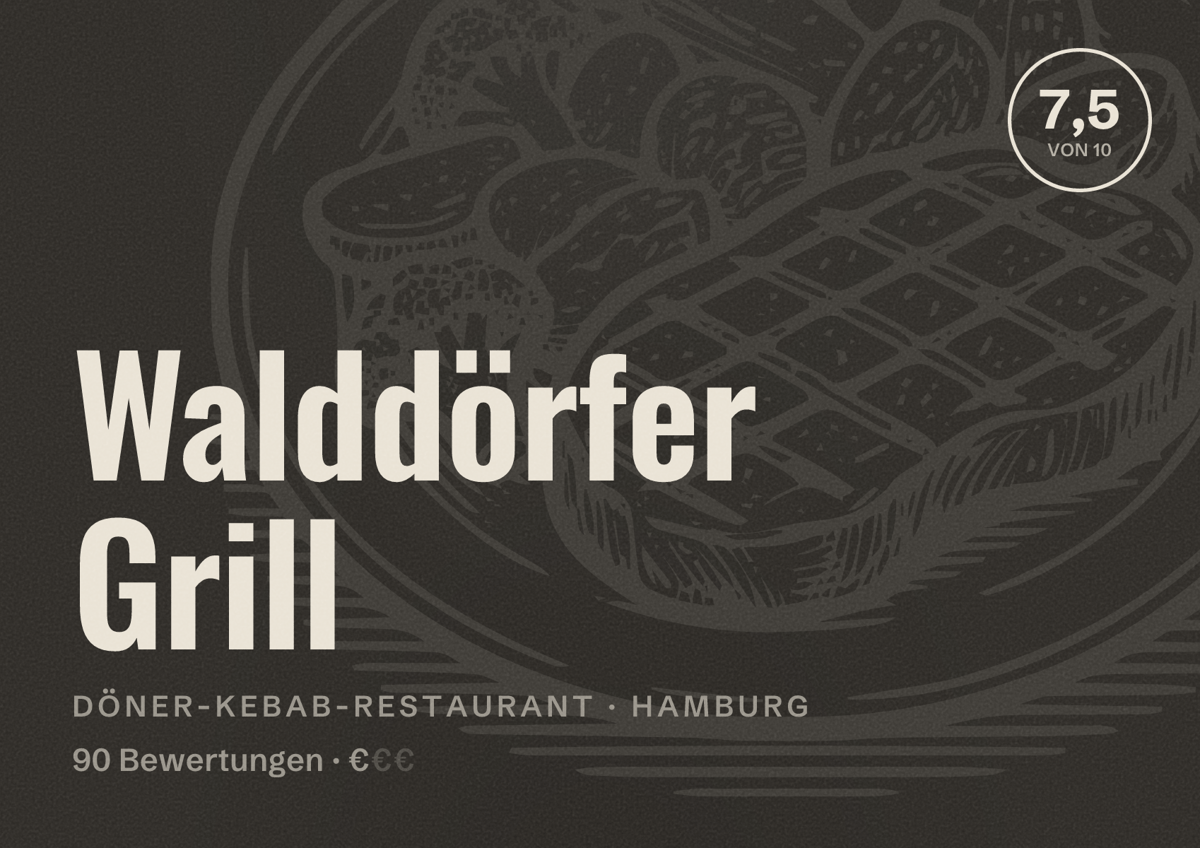 Illustriertes Poster von Walddörfer Grill, Döner-Kebab-Restaurant in Hamburg: Bewertung 7,5 von 10 aus 90 Bewertungen, Preisniveau €
