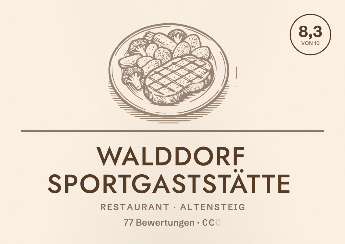 Illustriertes Poster von Walddorf Sportgaststätte, Restaurant in Altensteig: Bewertung 8,3 von 10 aus 77 Bewertungen, Preisniveau €€