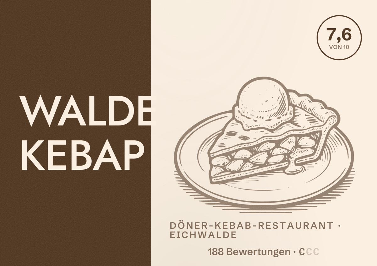 Illustriertes Poster von WALDE KEBAP, Döner-Kebab-Restaurant in Eichwalde: Bewertung 7,6 von 10 aus 188 Bewertungen, Preisniveau €