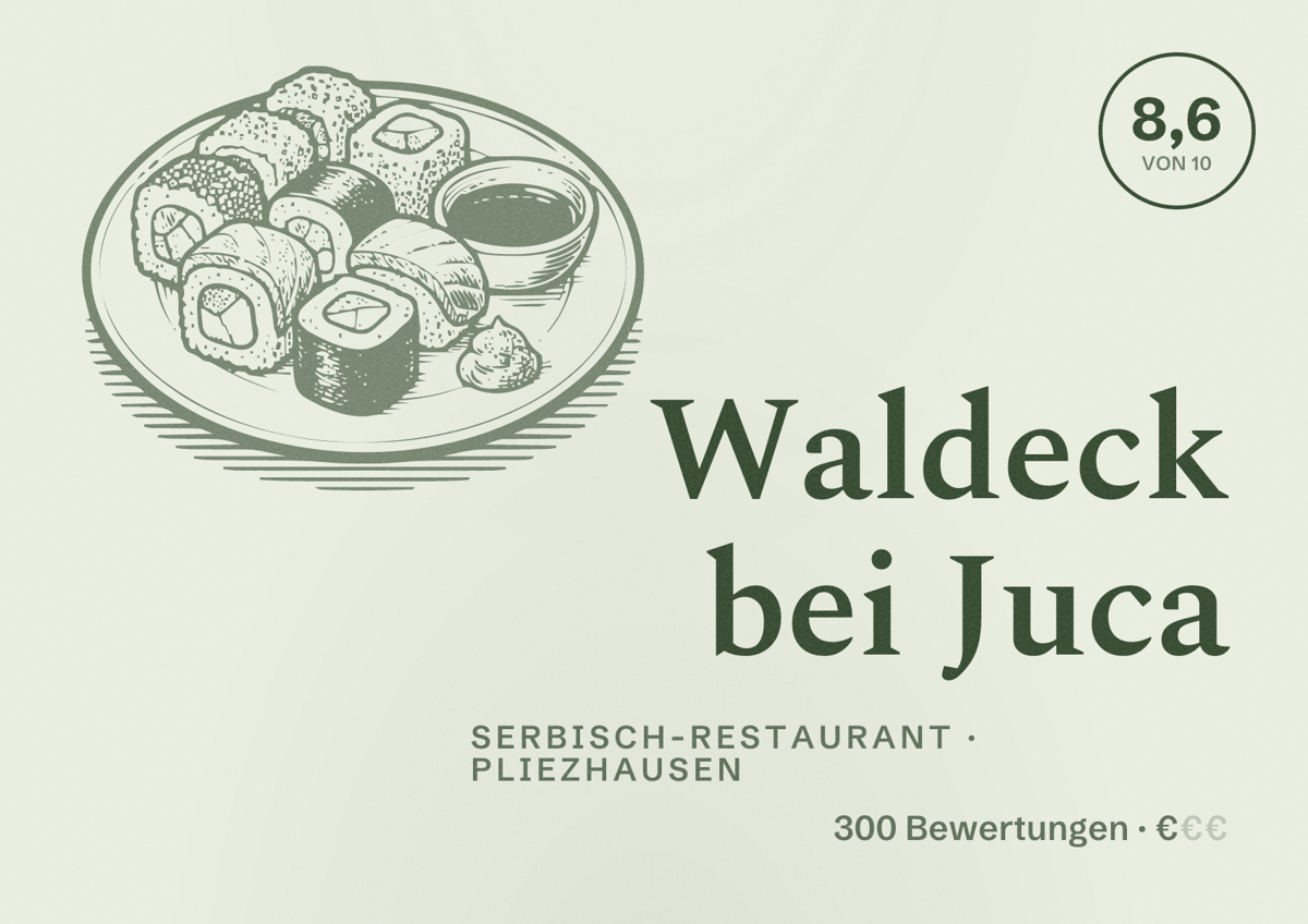 Illustriertes Poster von Waldeck bei Juca, Serbisch-Restaurant in Pliezhausen: Bewertung 8,6 von 10 aus 300 Bewertungen, Preisniveau €