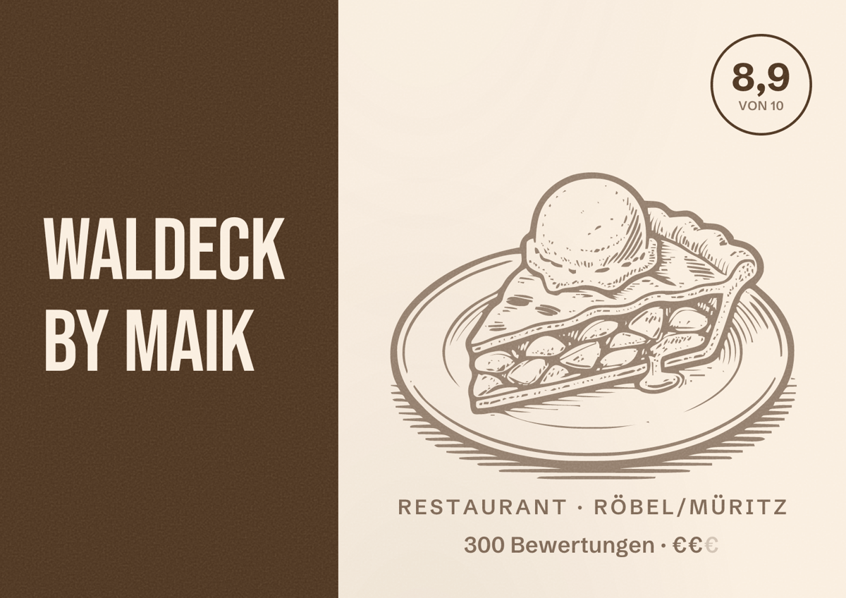 Illustriertes Poster von Waldeck by Maik, Restaurant in Röbel/Müritz: Bewertung 8,9 von 10 aus 300 Bewertungen, Preisniveau €€