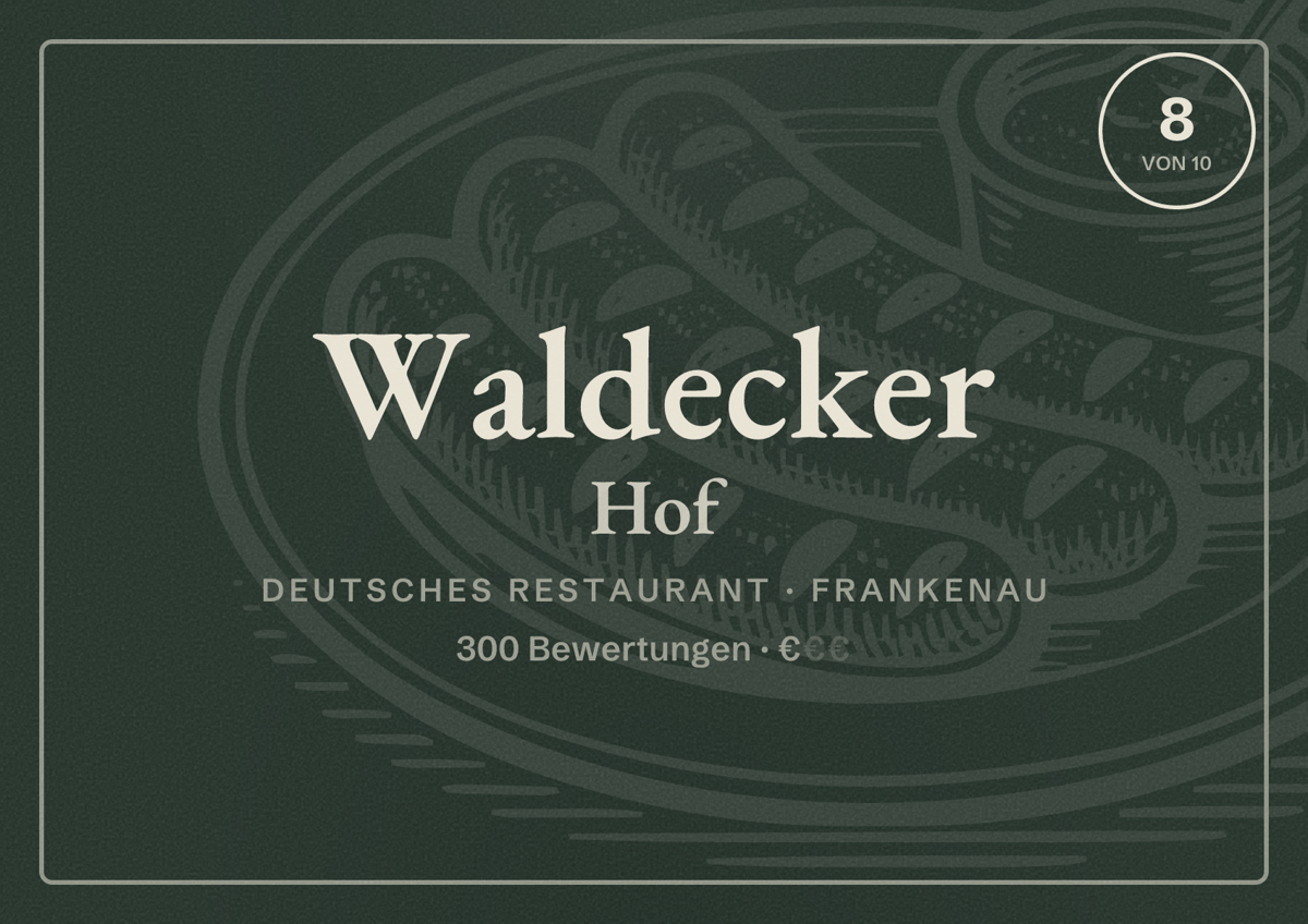 Illustriertes Poster von Waldecker Hof, Deutsches Restaurant in Frankenau: Bewertung 8 von 10 aus 300 Bewertungen, Preisniveau €