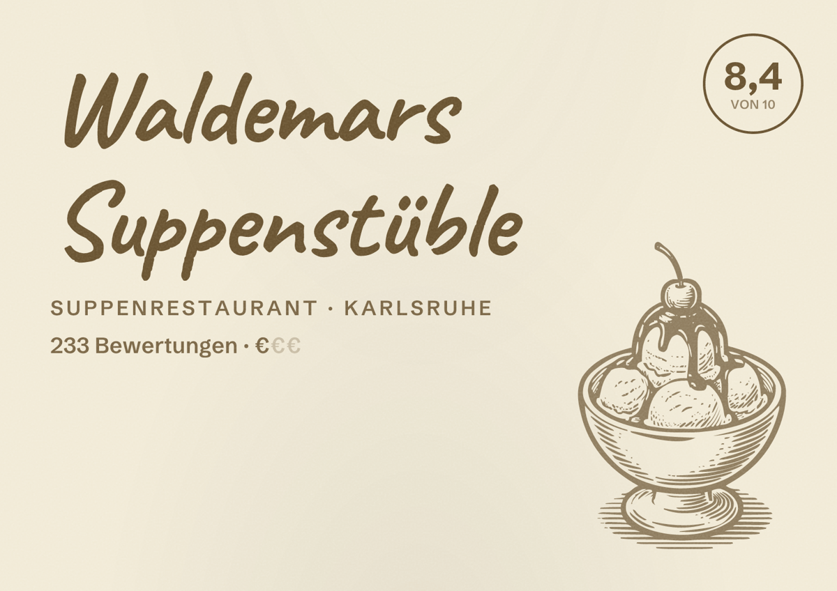Illustriertes Poster von Waldemars Suppenstüble, Suppenrestaurant in Karlsruhe: Bewertung 8,4 von 10 aus 233 Bewertungen, Preisniveau €
