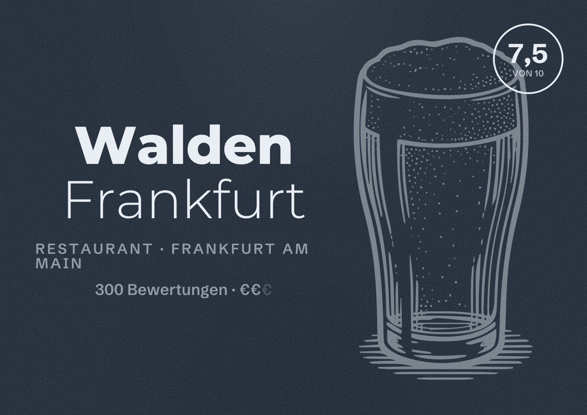 Illustriertes Poster von Walden Frankfurt, Restaurant in Frankfurt am Main: Bewertung 7,5 von 10 aus 300 Bewertungen, Preisniveau €€