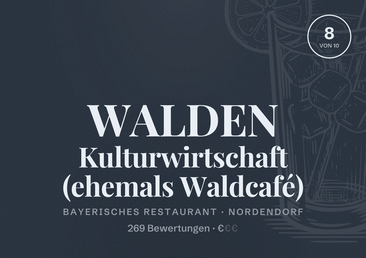 Illustriertes Poster von WALDEN Kulturwirtschaft (ehemals Waldcafé), Bayerisches Restaurant in Nordendorf: Bewertung 8 von 10 aus 269 Bewertungen, Preisniveau €