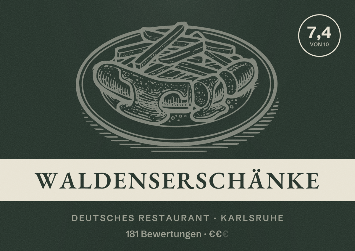 Illustriertes Poster von Waldenserschänke, Deutsches Restaurant in Karlsruhe: Bewertung 7,4 von 10 aus 181 Bewertungen, Preisniveau €€