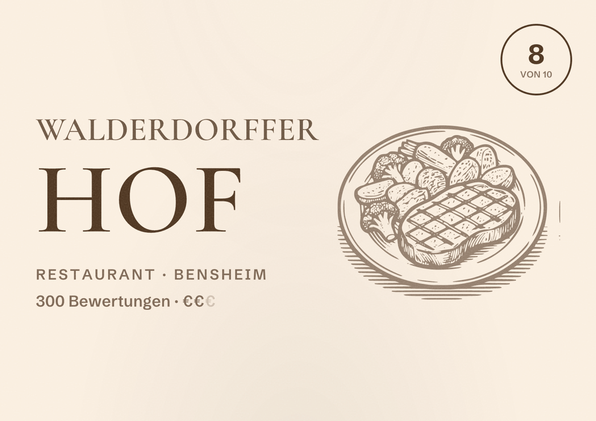 Illustriertes Poster von Walderdorffer Hof, Restaurant in Bensheim: Bewertung 8 von 10 aus 300 Bewertungen, Preisniveau €€