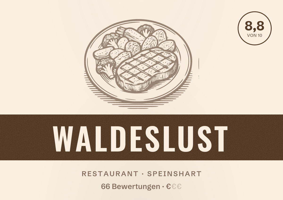 Illustriertes Poster von Waldeslust, Restaurant in Speinshart: Bewertung 8,8 von 10 aus 66 Bewertungen, Preisniveau €