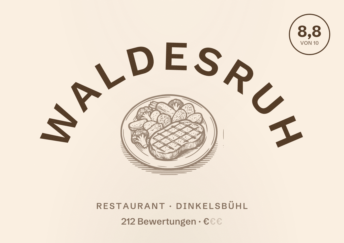 Illustriertes Poster von Waldesruh, Restaurant in Dinkelsbühl: Bewertung 8,8 von 10 aus 212 Bewertungen, Preisniveau €