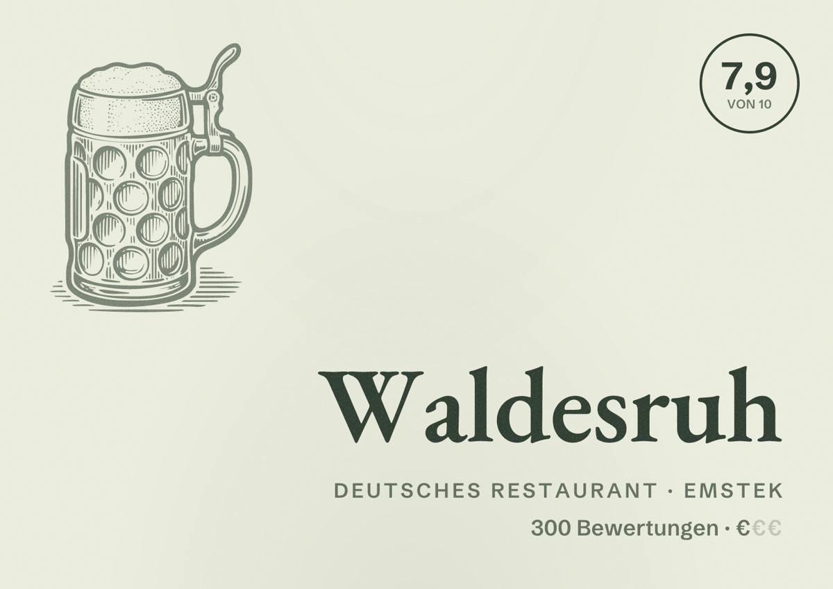 Illustriertes Poster von Waldesruh, Deutsches Restaurant in Emstek: Bewertung 7,9 von 10 aus 300 Bewertungen, Preisniveau €